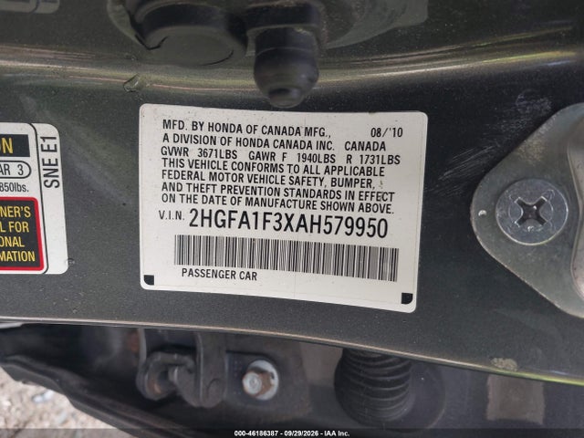 Aukcja sprzedaży 2010 Honda Civic Vp, vin: 2HGFA1F3XAH579950, numer aukcji: 46186387