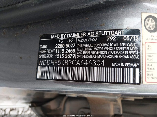 46186390 :رقم المزاد ، WDDHF5KB2CA646304 vin ، 2012 Mercedes-benz E 350 مزاد بيع