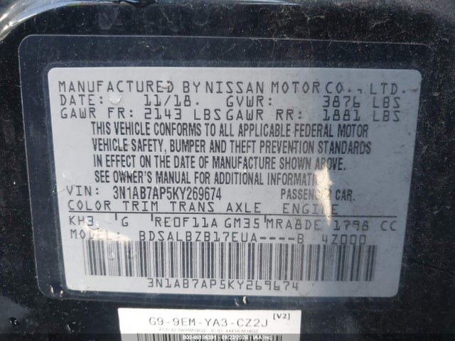 Aukcja sprzedaży 2019 Nissan Sentra S, vin: 3N1AB7AP5KY269674, numer aukcji: 46186391
