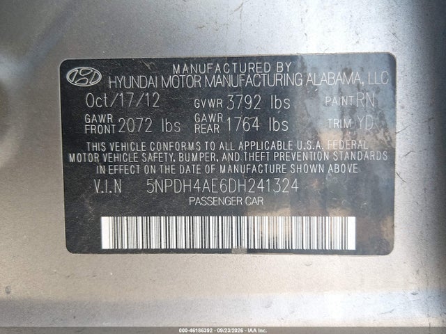 Aukcja sprzedaży 2013 Hyundai Elantra Gls, vin: 5NPDH4AE6DH241324, numer aukcji: 46186392