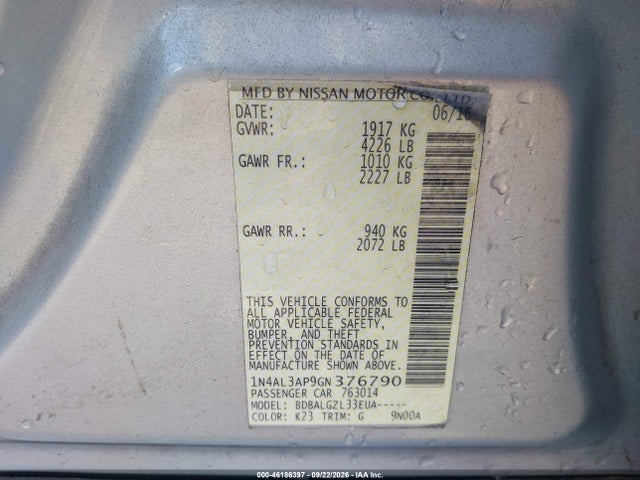 2016 Nissan Altima 2.5 S მანქანა იყიდება აუქციონზე, vin: 1N4AL3AP9GN376790, აუქციონის ნომერი: 46186397