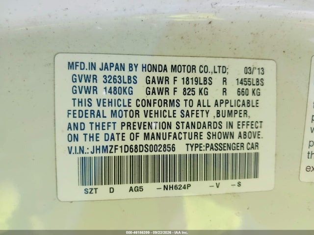 46186399 :رقم المزاد ، JHMZF1D68DS002856 vin ، 2013 Honda Cr-z Ex مزاد بيع