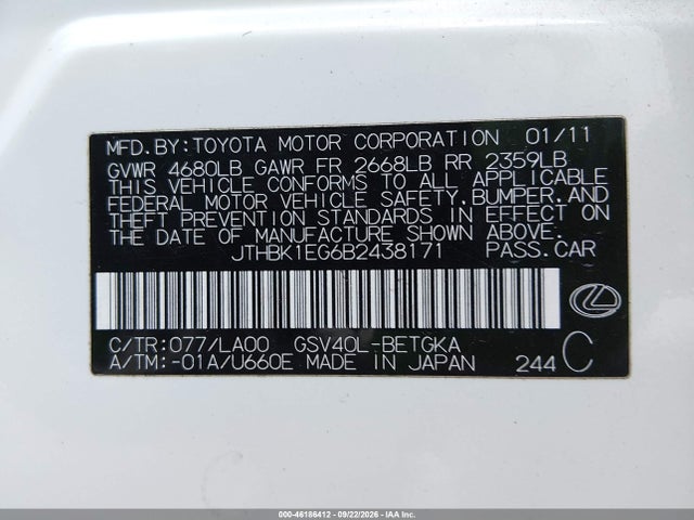 Aukcja sprzedaży 2011 Lexus Es 350, vin: JTHBK1EG6B2438171, numer aukcji: 46186412