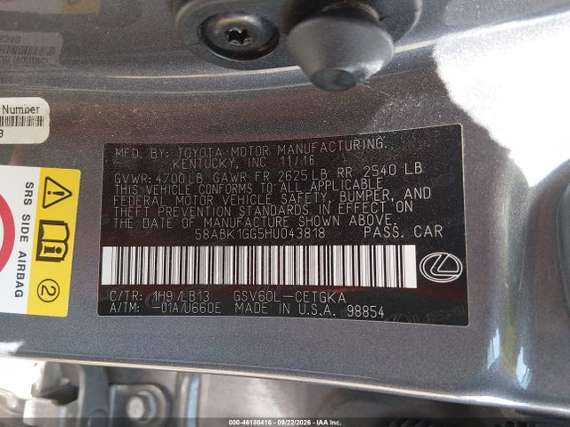 Aukcja sprzedaży 2017 Lexus Es 350, vin: 58ABK1GG5HU043818, numer aukcji: 46186416