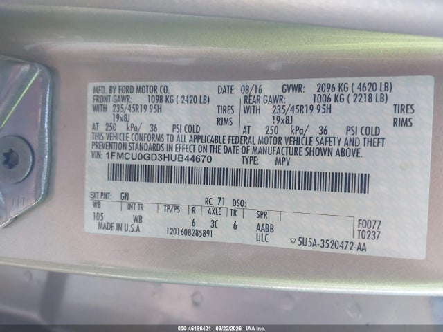 Ford ESCAPE SE 2017 1FMCU0GD3HUB44670 Image 9
