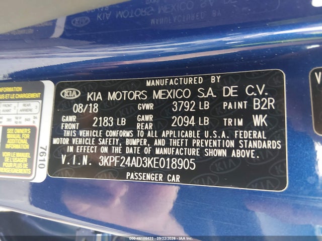 46186423 :رقم المزاد ، 3KPF24AD3KE018905 vin ، 2019 Kia Forte Lxs مزاد بيع