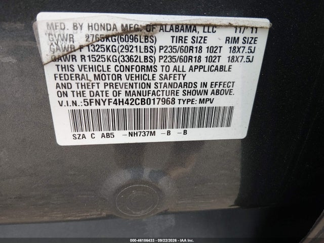 2012 Honda Pilot Ex მანქანა იყიდება აუქციონზე, vin: 5FNYF4H42CB017968, აუქციონის ნომერი: 46186433