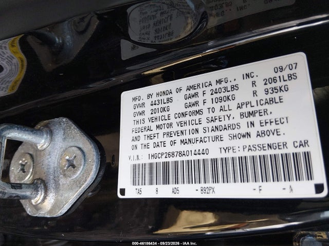 2008 Honda Accord 2.4 Ex-l მანქანა იყიდება აუქციონზე, vin: 1HGCP26878A014440, აუქციონის ნომერი: 46186434