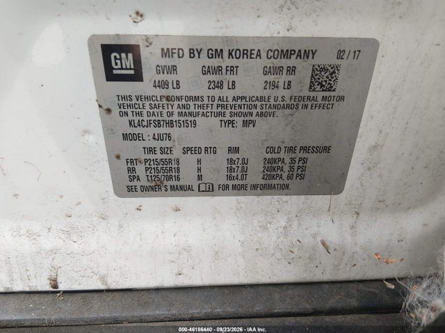 2017 Buick Encore Preferred Ii მანქანა იყიდება აუქციონზე, vin: KL4CJFSB7HB151519, აუქციონის ნომერი: 46186440