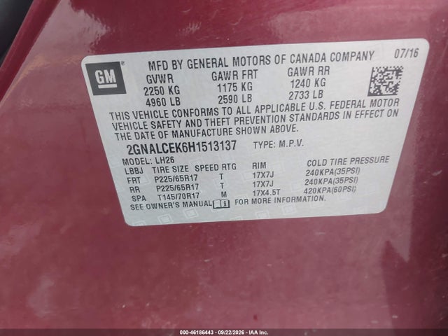 46186443 :رقم المزاد ، 2GNALCEK6H1513137 vin ، 2017 Chevrolet Equinox Lt مزاد بيع
