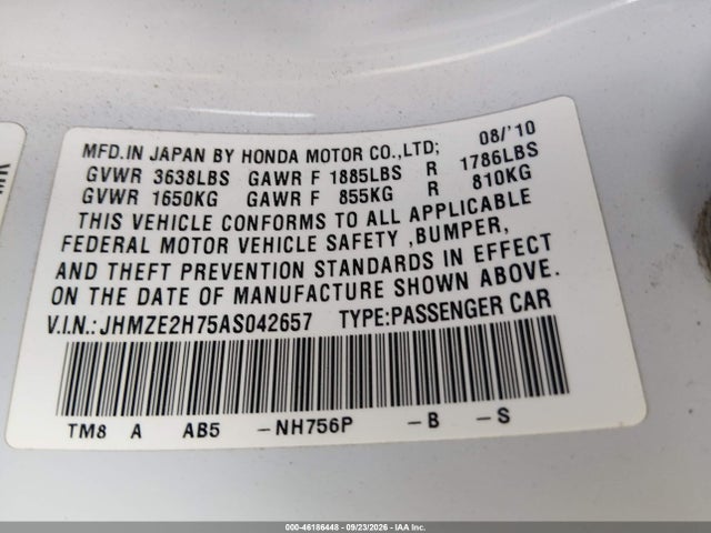 2010 Honda Insight Ex მანქანა იყიდება აუქციონზე, vin: JHMZE2H75AS042657, აუქციონის ნომერი: 46186448