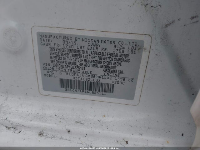 46186450 :رقم المزاد ، 3N1CN7AP1GL825161 vin ، 2016 Nissan Versa 1.6 S/1.6 S+/1.6 Sl/1.6 Sv مزاد بيع