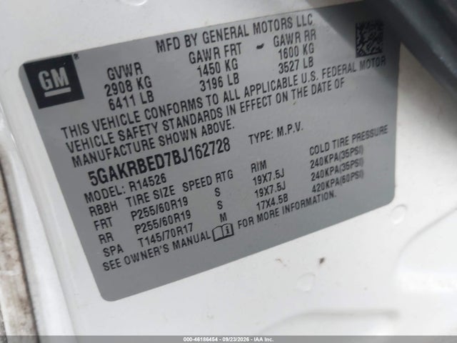 46186454 :رقم المزاد ، 5GAKRBED7BJ162728 vin ، 2011 Buick Enclave 1xl مزاد بيع