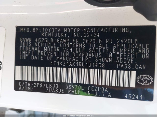 46186465 :رقم المزاد ، 4T1KZ1AK1RU101408 vin ، 2024 Toyota Camry Xse V6 مزاد بيع