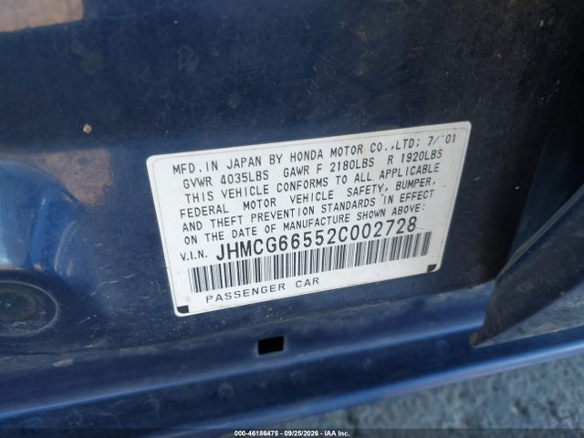 46186475 :رقم المزاد ، JHMCG66552C002728 vin ، 2002 Honda Accord 2.3 Lx مزاد بيع