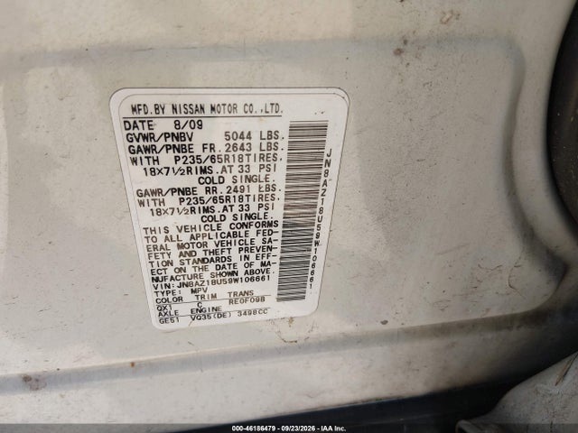 2009 Nissan Murano Sl მანქანა იყიდება აუქციონზე, vin: JN8AZ18U59W106661, აუქციონის ნომერი: 46186479