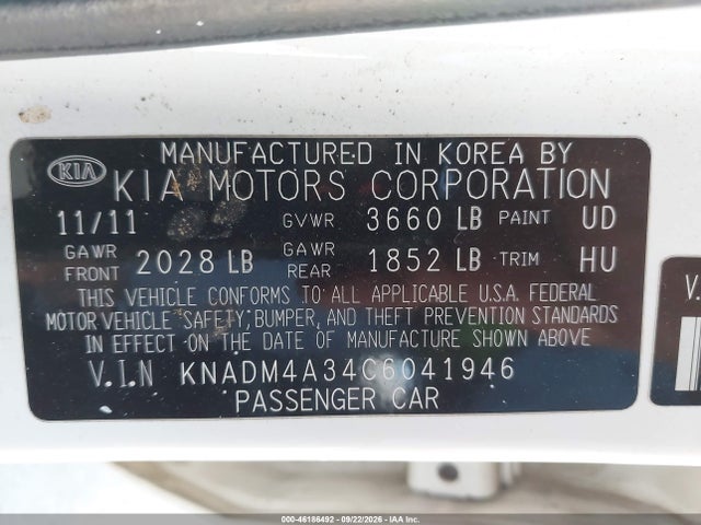 2012 Kia Rio Lx მანქანა იყიდება აუქციონზე, vin: KNADM4A34C6041946, აუქციონის ნომერი: 46186492