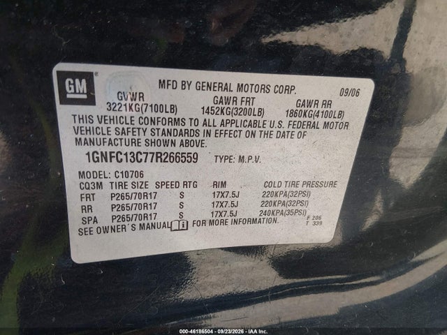 Aukcja sprzedaży 2007 Chevrolet Tahoe Ls, vin: 1GNFC13C77R266559, numer aukcji: 46186504
