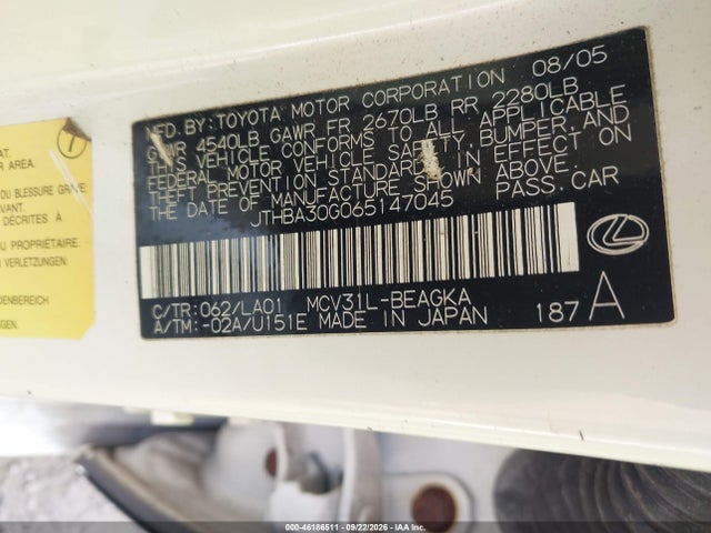 Продажа на аукционе авто 2006 Lexus Es 330, vin: JTHBA30G065147045, номер лота: 46186511