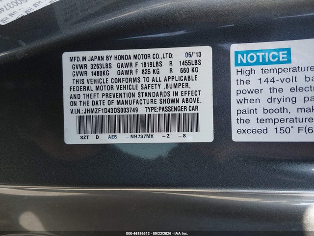 2013 Honda Cr-z მანქანა იყიდება აუქციონზე, vin: JHMZF1D43DS003749, აუქციონის ნომერი: 46186512