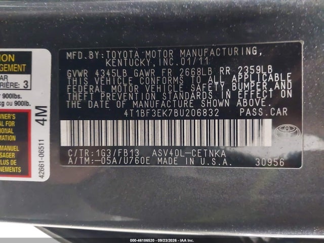 2011 Toyota Camry Le მანქანა იყიდება აუქციონზე, vin: 4T1BF3EK7BU206832, აუქციონის ნომერი: 46186520