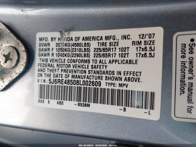 46186522 :رقم المزاد ، 5J6RE48508L002609 vin ، 2008 Honda Cr-v Ex مزاد بيع