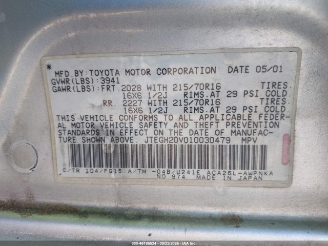 2001 Toyota Rav4 მანქანა იყიდება აუქციონზე, vin: JTEGH20V010030479, აუქციონის ნომერი: 46186524
