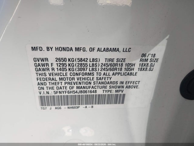 5FNYF6H54JB061648 Honda Pilot Ex-l