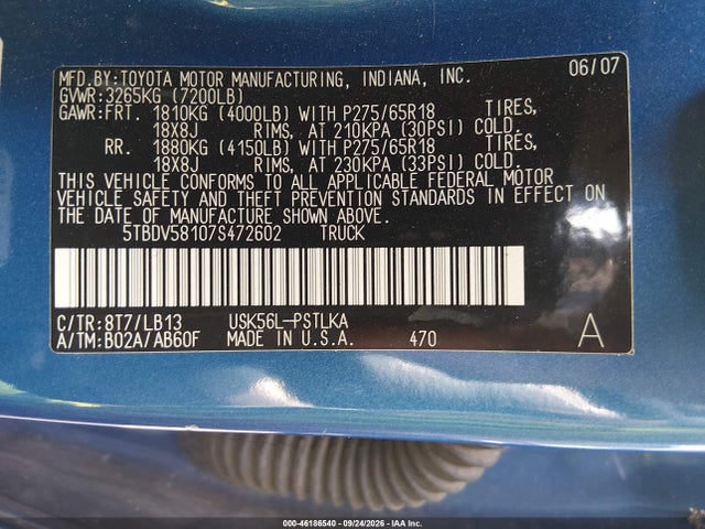 Продажа на аукционе авто 2007 Toyota Tundra Limited 5.7l V8, vin: 5TBDV58107S472602, номер лота: 46186540