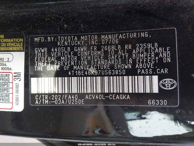Продаж на аукціоні авто 2007 Toyota Camry Xle, vin: 4T1BE46K97U563850, номер лоту: 46186558