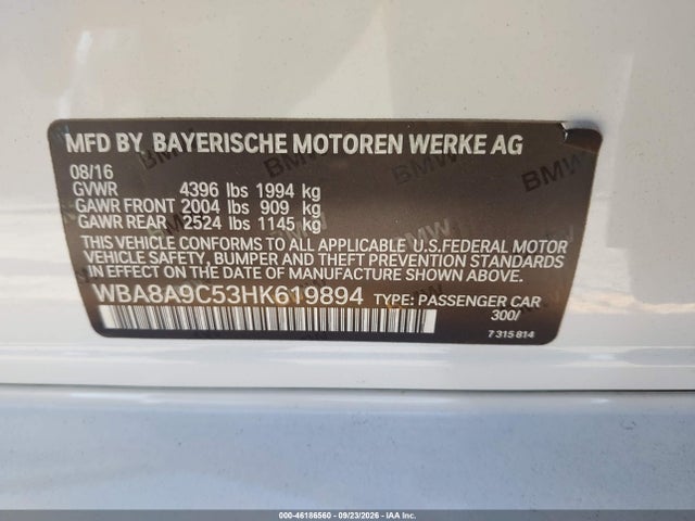 2017 Bmw 320i მანქანა იყიდება აუქციონზე, vin: WBA8A9C53HK619894, აუქციონის ნომერი: 46186560