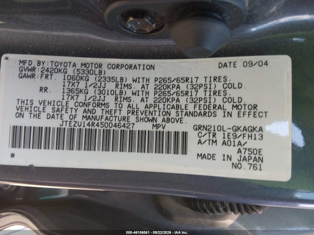 Aukcja sprzedaży 2005 Toyota 4runner Sr5 Sport V6, vin: JTEZU14R450046427, numer aukcji: 46186561