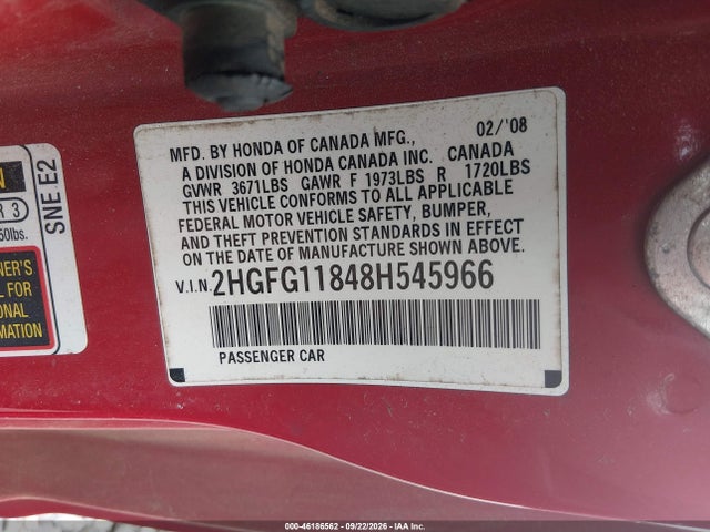 2008 Honda Civic Ex მანქანა იყიდება აუქციონზე, vin: 2HGFG11848H545966, აუქციონის ნომერი: 46186562
