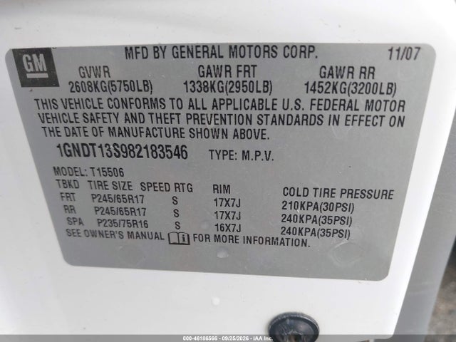 2008 Chevrolet Trailblazer Fleet მანქანა იყიდება აუქციონზე, vin: 1GNDT13S982183546, აუქციონის ნომერი: 46186566