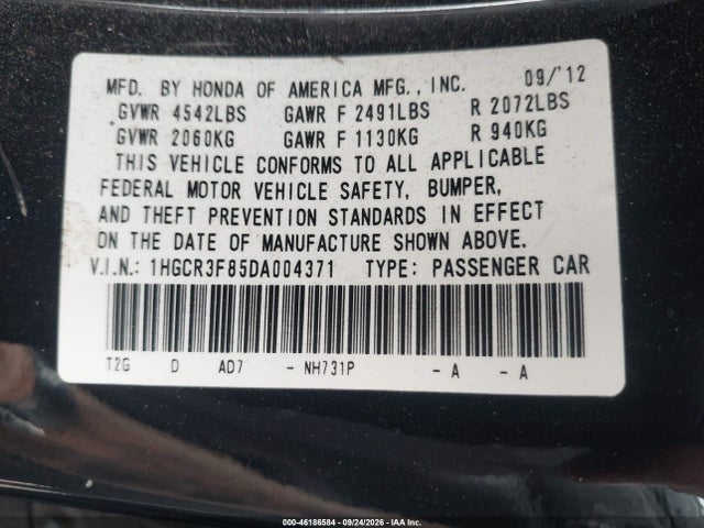 46186584 :رقم المزاد ، 1HGCR3F85DA004371 vin ، 2013 Honda Accord Sdn Ex-l/ex-l V-6 مزاد بيع