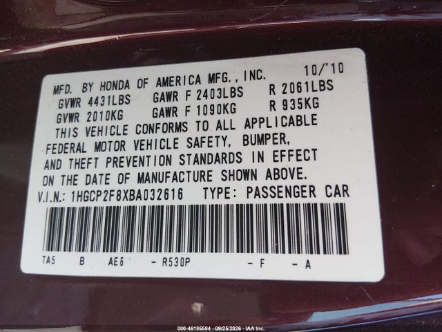 46186594 :رقم المزاد ، 1HGCP2F8XBA032616 vin ، 2011 Honda Accord 2.4 Ex-l مزاد بيع