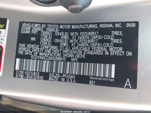 2010 Toyota Sienna Xle მანქანა იყიდება აუქციონზე, vin: 5TDYK4CC0AS289910, აუქციონის ნომერი: 46186597