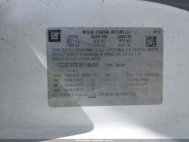 46186598 :رقم المزاد ، 1GCSGAFX3E1146490 vin ، 2014 Chevrolet Express 1500 Work Van مزاد بيع