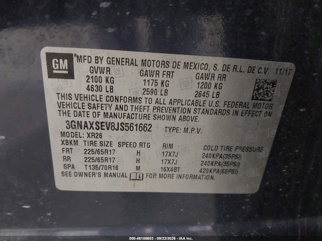 Продаж на аукціоні авто 2018 Chevrolet Equinox Lt, vin: 3GNAXSEV8JS561662, номер лоту: 46186603