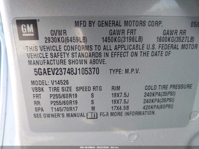 Aukcja sprzedaży 2008 Buick Enclave Cxl, vin: 5GAEV23748J105370, numer aukcji: 46186604