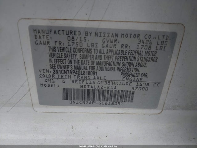 2016 Nissan Versa S Plus მანქანა იყიდება აუქციონზე, vin: 3N1CN7AP4GL818091, აუქციონის ნომერი: 46186606