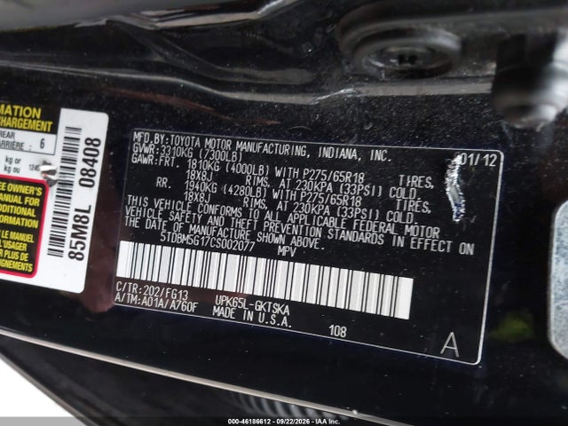 46186612 :رقم المزاد ، 5TDBM5G17CS002077 vin ، 2012 Toyota Sequoia Sr5 4.6l V8 مزاد بيع