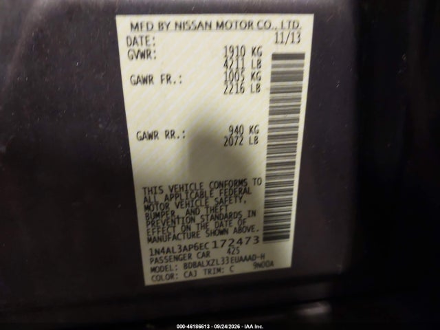 46186613 :رقم المزاد ، 1N4AL3AP6EC172473 vin ، 2014 Nissan Altima 2.5 Sl مزاد بيع