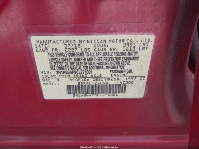 Продаж на аукціоні авто 2012 Nissan Sentra 2.0 S, vin: 3N1AB6AP9CL771001, номер лоту: 46186622