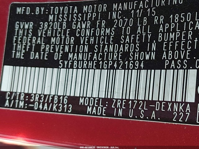 46186639 :رقم المزاد ، 5YFBURHE1GP421694 vin ، 2016 Toyota Corolla Le مزاد بيع