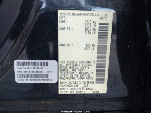 Продаж на аукціоні авто 2014 Nissan Altima 2.5 S, vin: 1N4AL3APXEC146989, номер лоту: 46186644
