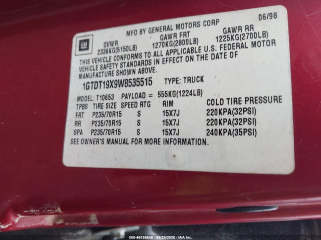 Продажа на аукционе авто 1998 Gmc Sonoma Sls, vin: 1GTDT19X9W8535515, номер лота: 46186646