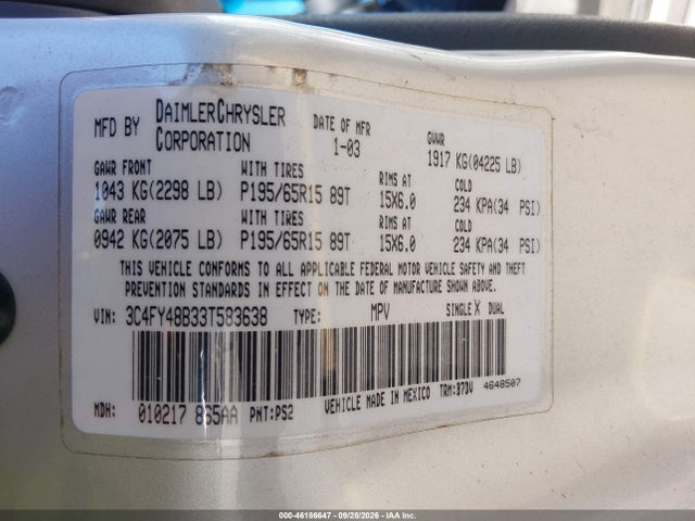 Продаж на аукціоні авто 2003 Chrysler Pt Cruiser, vin: 3C4FY48B33T583638, номер лоту: 46186647