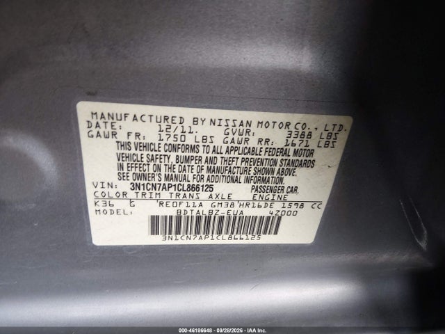 Aukcja sprzedaży 2012 Nissan Versa 1.6 Sv, vin: 3N1CN7AP1CL866125, numer aukcji: 46186648