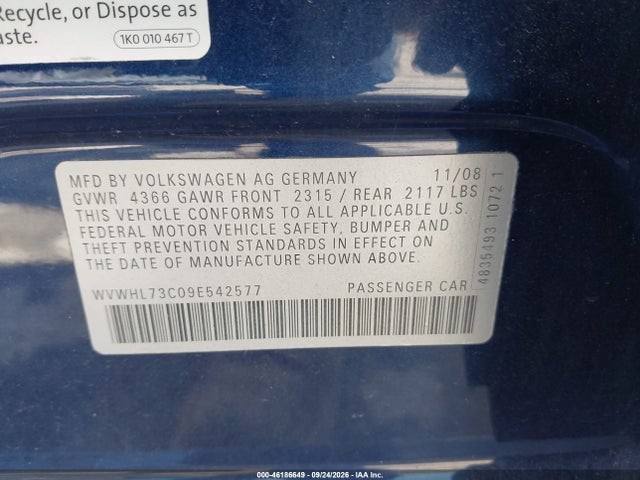 Продажа на аукционе авто 2009 Volkswagen Cc Luxury, vin: WVWHL73C09E542577, номер лота: 46186649